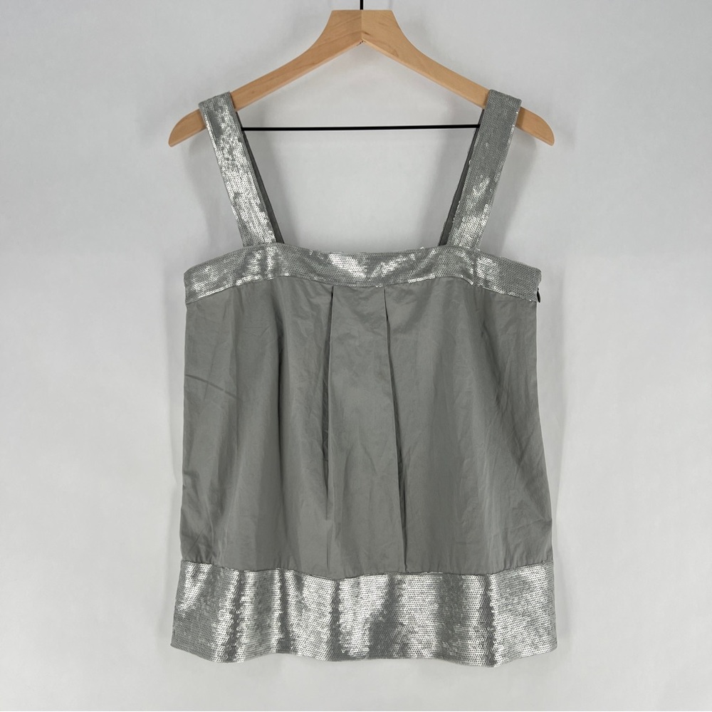 Theory Size M Gray Cotton Pleated Front Silver Sequin Trimmed Sleeveless Tank
